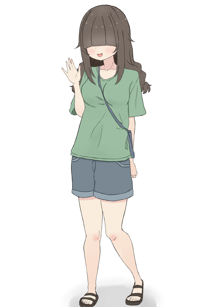 1girl, :d, absurdres, arm_at_side, bag, blunt_bangs, blush, breasts