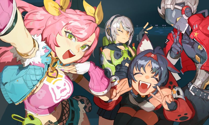 1boy, 3girls, anby_demara, billy_kid, closed_eyes, cunning_hares_(zenless_zone_zero), denim_vest, double_v, grey_hair, group_picture, highres, humanoid_robot, jacket, kanalit5, looking_at_viewer, multicolored_sleeves, multiple_girls, nekomiya_mana, nicole_demara, nicole_demara_(cunning_cutie), official_alternate_costume, pink_tube_top, red_jacket, robot, robot_boy, strapless, tube_top, v, zenless_zone_zero