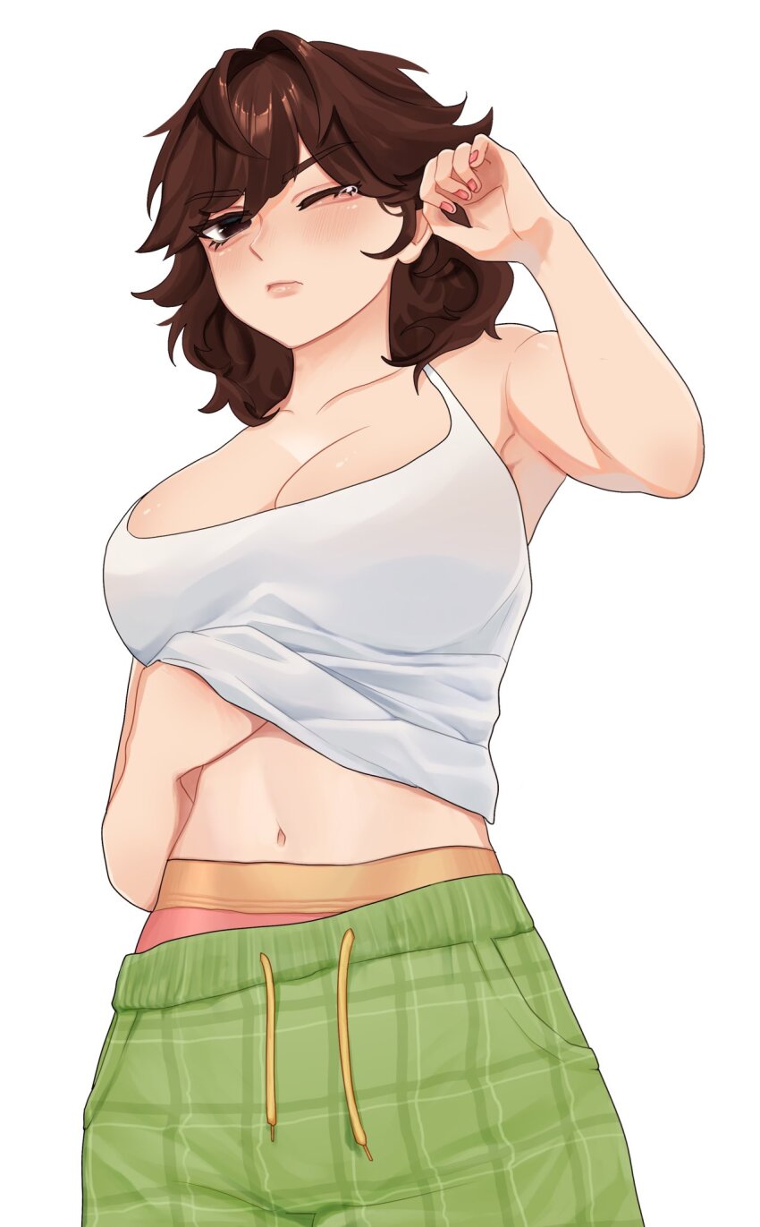 1girl, armpits, bare_shoulders, bethy, black_eyes, blush, breasts, brown_hair, checkered_clothes, checkered_pants, closed_mouth, collarbone, commentary, commission, commissioner_upload, cowboy_shot, eyelashes, fingernails, green_pants, hair_between_eyes, half-closed_eyes, hand_under_clothes, hand_under_shirt, hand_up, highres, indie_virtual_youtuber, large_breasts, lips, looking_at_viewer, medium_hair, midriff, navel, nose, one_eye_closed, panties, pants, pants_lift, pink_nails, pink_panties, second-party_source, shirt, simple_background, solo, stomach, untranslatable_commentary, tank_top, teardrop, tomboy, underwear, vee_v520, virtual_youtuber, waking_up, white_background, white_tank_top