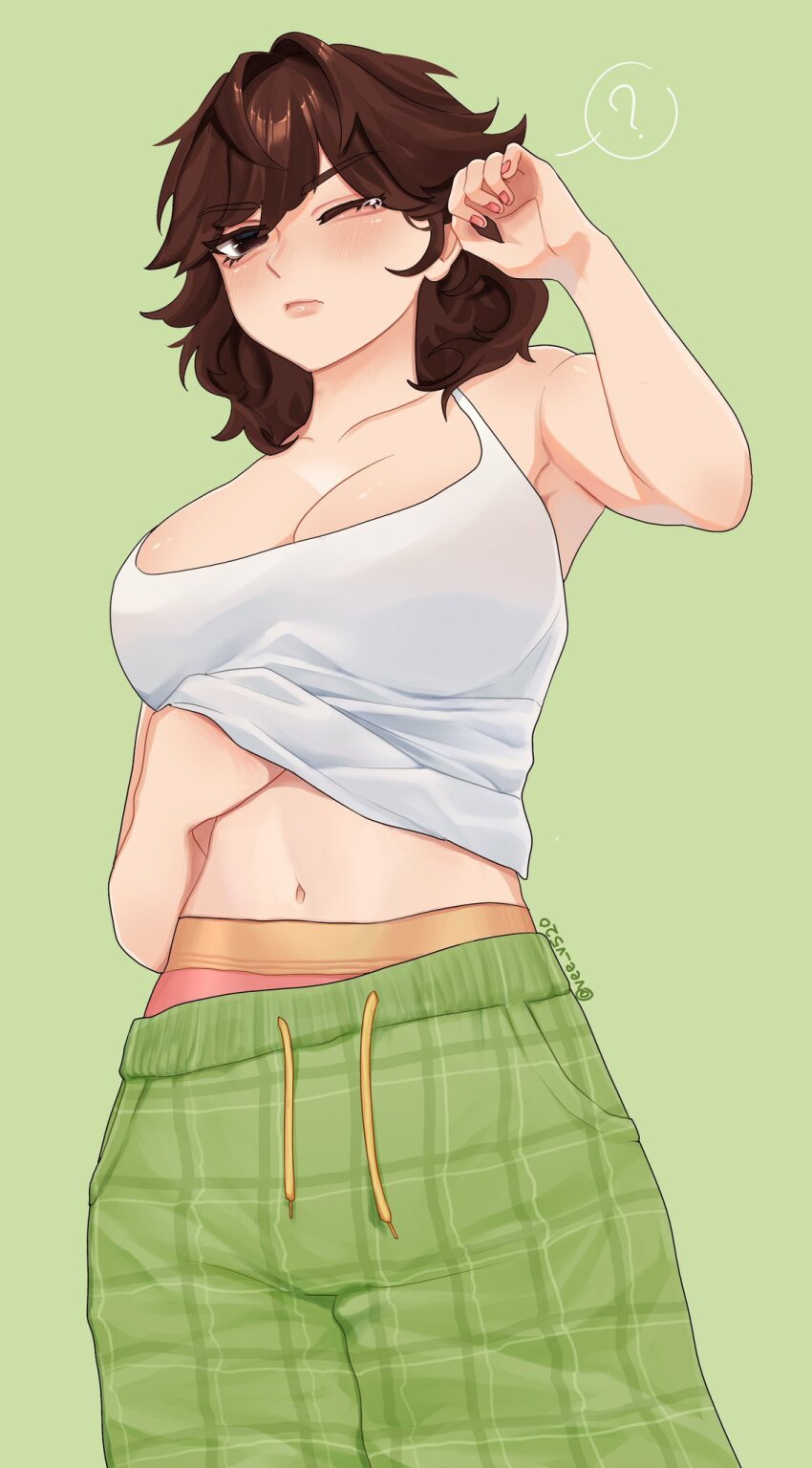 1girl, ?, armpits, bare_shoulders, bethy, black_eyes, blush, breasts, brown_hair, checkered_clothes, checkered_pants, closed_mouth, collarbone, commentary, commission, cowboy_shot, eyelashes, fingernails, green_background, green_pants, hair_between_eyes, half-closed_eyes, hand_under_clothes, hand_under_shirt, hand_up, hashtag-only_commentary, highres, indie_virtual_youtuber, large_breasts, lips, looking_at_viewer, medium_hair, midriff, navel, nose, one_eye_closed, panties, pants, pants_lift, pink_nails, pink_panties, shirt, simple_background, solo, stomach, untranslatable_commentary, tank_top, teardrop, tomboy, twitter_username, underwear, vee_v520, virtual_youtuber, waking_up, white_tank_top
