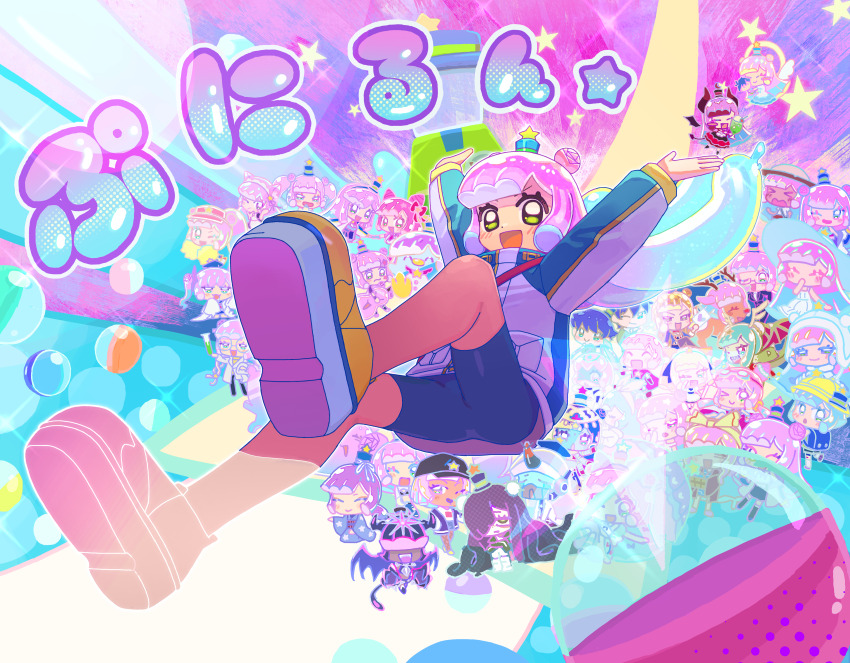 1girl, :d, absurdres, annotation_request, arms_up, bike_shorts, bird, black_shorts, blue_hair, blue_hat, blue_jacket, blush, bubbly_rich_girl_kawaii_puniru, cheerleader_kawaii_puniru, chibi, commentary, cool_and_cute_puniru_with_the_kawaii_toned_down, cool_summer_getaway_kawaii_puniru, dancer_kawaii_puniru, double_bun, dragon_girl_kawaii_puniru, english_commentary, fluffy_pajama_kawaii_puniru, gashapon, gradient_hair, green_eyes, gyaru_kawaii_puniru, hair_bun, hat, highres, jacket, kawaii_etiquette_coach_puniru, kawaii_kotarou, kc105, kotaro_look-alike_puniru, less_kawaii_than_all_the_garbage_in_the_world_puniru, long_hair, long_sleeves, many-armed_kawaii_puniru, mini_hat, mini_top_hat, monster_girl, multicolored_hair, naughty_slime_puniru, official_alternate_costume, official_alternate_hair_color, official_alternate_hair_length, official_alternate_hairstyle, official_alternate_skin_color, open_mouth, oversized_sleeve_lab_coat_kawaii_puniru, partially_annotated, penguin, pink_hair, post-bath_kawaii_puniru, puniru_(puniru_wa_kawaii_slime), puniru_wa_kawaii_slime, red-nosed_reindeer_kawaii_puniru, researcher_kawaii_puniru, rock_band_club_kawaii_puniru, sharp-bodied_kawaii_puniru, shiny_school_backpack_kawaii_puniru, shoes, shorts, sidelocks, slightly_mature_kawaii_puniru, slime_girl, smile, star_(symbol), suave_grown-up_dealer_kawaii_puniru, summer_tanned_kawaii_puniru, swimsuit_kawaii_puniru, top_hat, white_jacket, winter_outfit_kawaii_puniru, yellow_shoes, young_innkeeper_kawaii_puniru