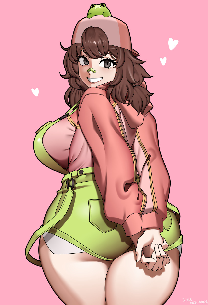 1girl, absurdres, arms_behind_back, artist_name, ass, backwards_hat, bandaid, bandaid_on_face