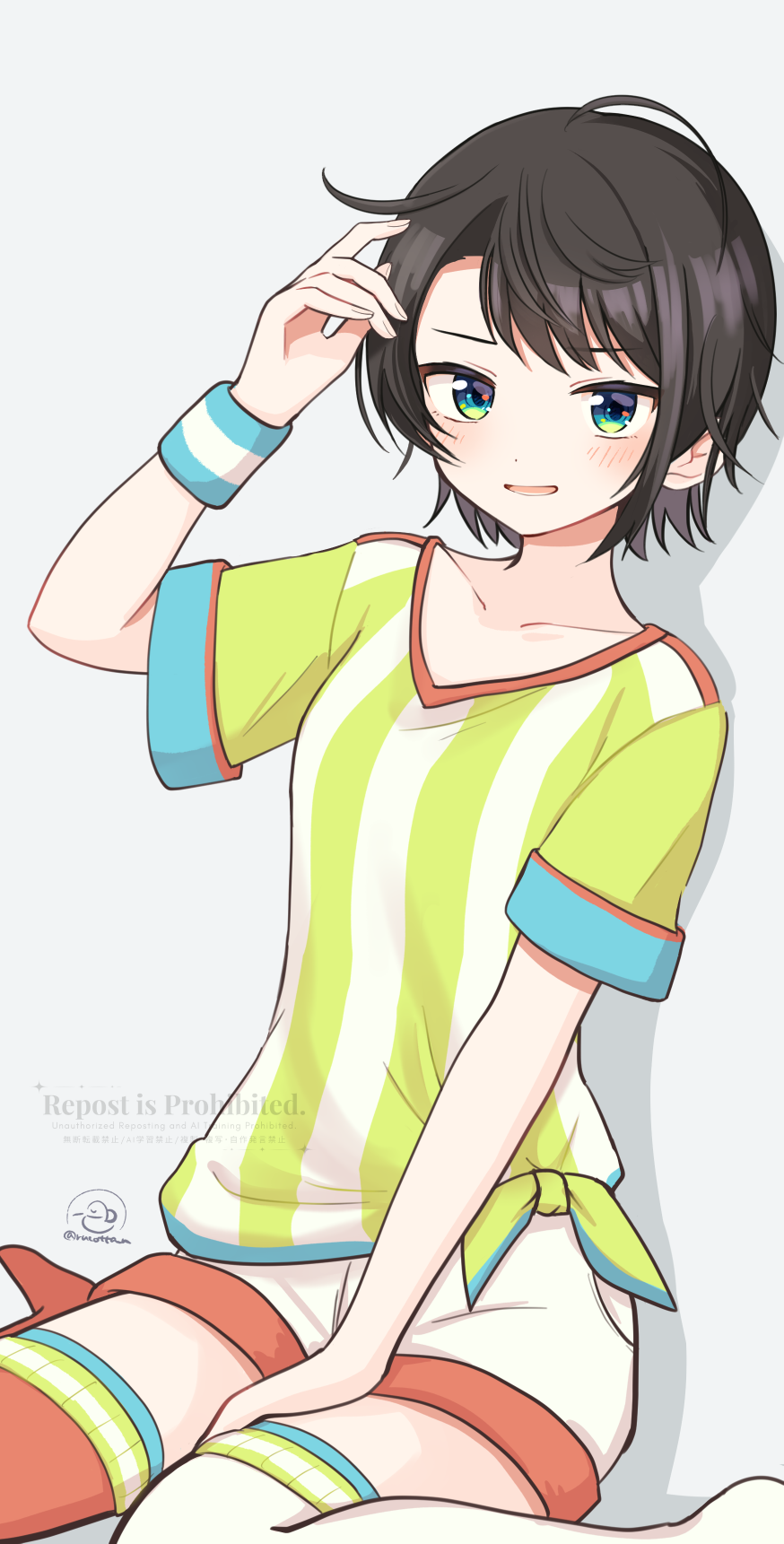 1girl, aqua_eyes, asymmetrical_legwear, blue_eyes, blush, brown_hair, drop_shadow, embarrassed, hachikuma_(waddle-d), hand_on_own_thigh, hand_up, highres, hololive, long_shirt, looking_at_viewer, loose_clothes, loose_shirt, messy_hair, mismatched_legwear, missing_headwear, no_shoes, oozora_subaru, oozora_subaru_(1st_costume), open_mouth, oversized_clothes, oversized_shirt, red_thighhighs, shirt, short_hair, shorts, simple_background, sitting, striped_clothes, striped_shirt, swept_bangs, t-shirt, thighhighs, two-tone_shirt, vertical-striped_clothes, vertical-striped_shirt, virtual_youtuber, wariza, watermark, white_shirt, white_shorts, white_thighhighs, wristband, yellow_shirt