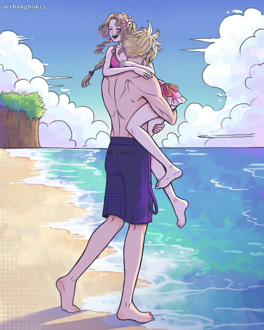1boy, 1girl, aerith_gainsborough, aerith_gainsborough_(pink_mermaid), arms_around_neck, bare_arms, bare_shoulders, barefoot, beach, bikini, bikini_skirt, black_male_swimwear, black_shorts, blonde_hair, braid, braided_ponytail, changbim13, cliff, closed_eyes, cloud, cloud_strife, cloud_strife_(wild_surf), cloudy_sky, costa_del_sol, couple, final_fantasy, final_fantasy_vii, final_fantasy_vii_rebirth, final_fantasy_vii_remake, flower, full_body, hair_flower, hair_ornament, hetero, highres, laughing, male_swimwear, muscular, muscular_male, ocean, official_alternate_costume, open_mouth, parted_bangs, pink_bikini, pink_flower, pink_shirt, pink_skirt, shirt, short_hair, shorts, sidelocks, single_braid, skirt, sky, smile, spiked_hair, swimsuit, topless_male, waves