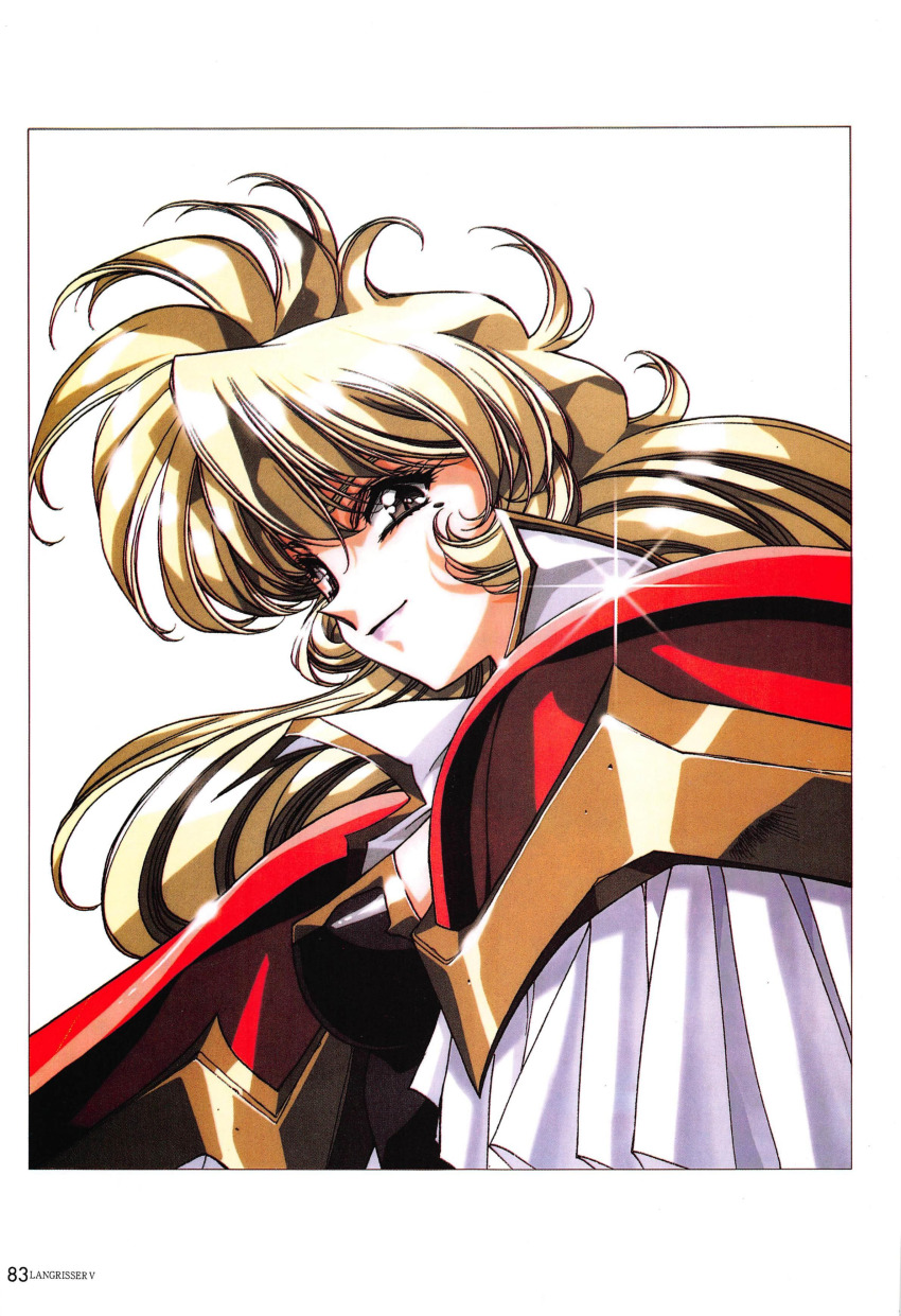 1girl, absurdres, armor, artbook, blonde_hair, breasts, brenda_(langrisser), collared_shirt
