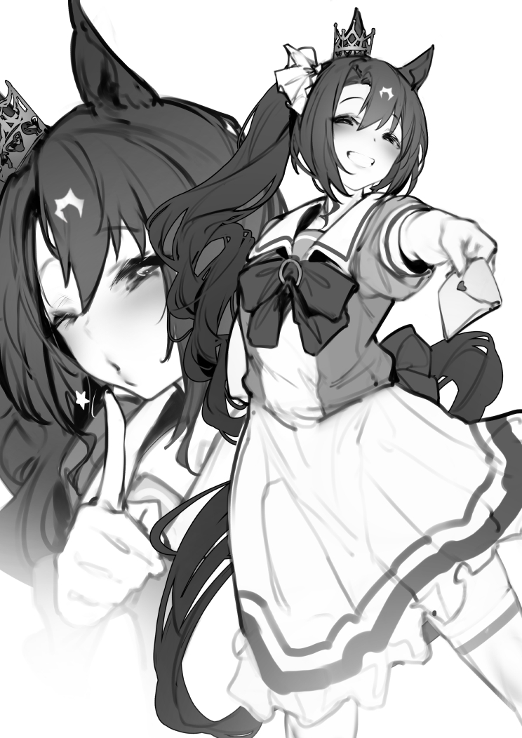 1girl, animal_ears, bow, bowtie, crown, finger_to_mouth, greyscale, grin