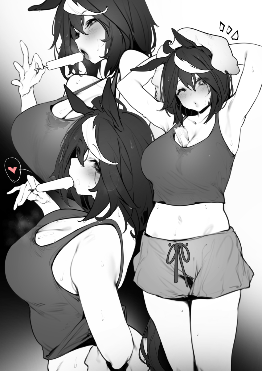 1girl, animal_ears, armpits, arms_up, breasts, camisole, food, greyscale, hair_between_eyes, heart, highres, holding, holding_towel, horse_ears, horse_girl, horse_tail, kingbole, kitasan_black_(umamusume), large_breasts, medium_hair, monochrome, multicolored_hair, multiple_views, popsicle, shorts, spoken_heart, streaked_hair, sweat, tail, tongue, tongue_out, towel, umamusume