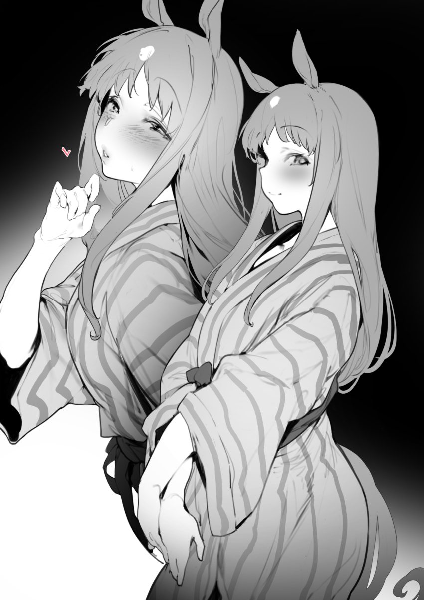 1girl, animal_ears, blush, from_side, grass_wonder_(umamusume), greyscale, highres, horse_ears