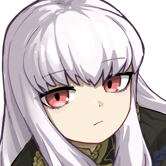 1girl, aaaakunaaaa, closed_mouth, commentary, expressionless, fire_emblem, fire_emblem:_three_houses, garreg_mach_monastery_uniform, hair_between_eyes, long_hair, looking_at_viewer, lysithea_von_ordelia, nintendo, pink_eyes, simple_background, solo, white_background, white_hair