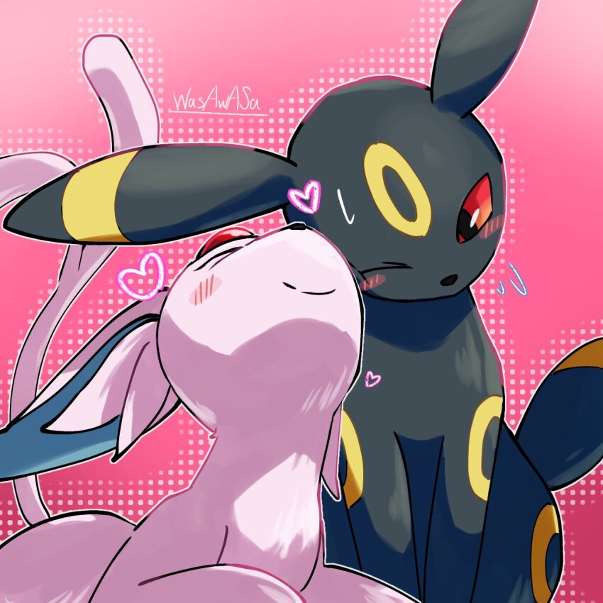 animal_focus, black_fur, blush, closed_eyes, closed_mouth, colored_sclera, cuddling, espeon