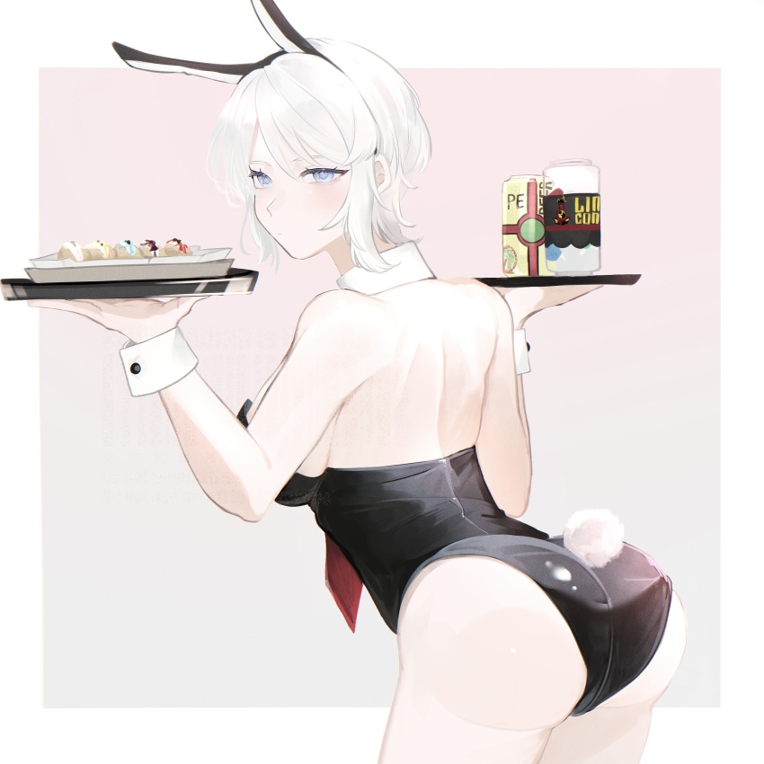 animal_ear_hairband, animal_ears, arched_back, ass, black_leotard, blue_eyes, border, can