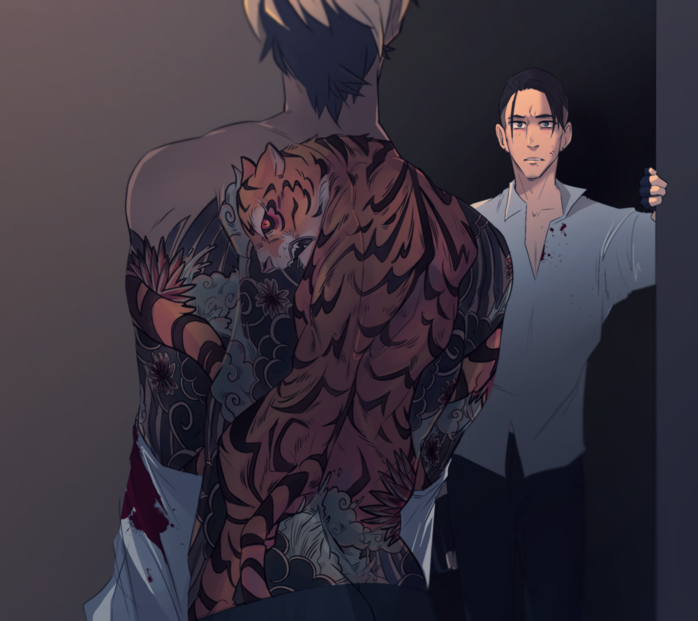 2boys, alternate_universe, arm_tattoo, back_tattoo, blonde_hair, blood, blood_on_clothes, dark-skinned_male, dark_skin, drawfee, hot_guy_p.i., irezumi, karina_farek, male_focus, multiple_boys, romeo_fernando_sy, schmidt_(hot_guy_p.i.), short_hair, tattoo, tiger, undercut, very_short_hair, yakuza