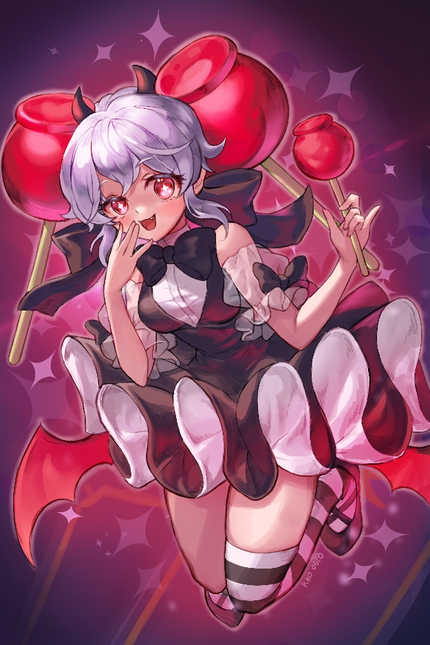 1girl, black_bow, black_bowtie, black_dress, bow, bowtie, candy_apple, candy_apple_cookie