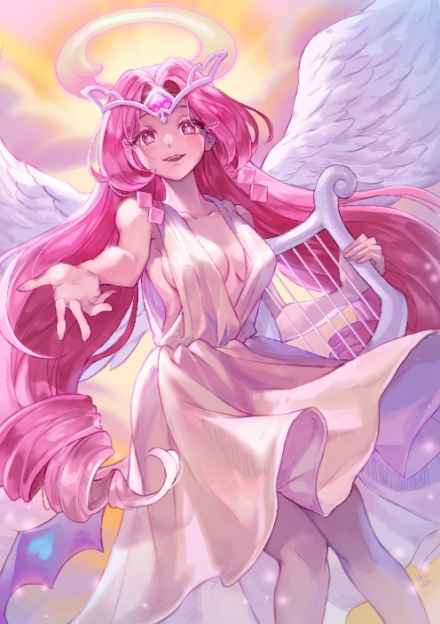 1girl, angel, angel_wings, colored_skin, cookie_run, cookie_run:_kingdom, dress, eternal_sugar_cookie