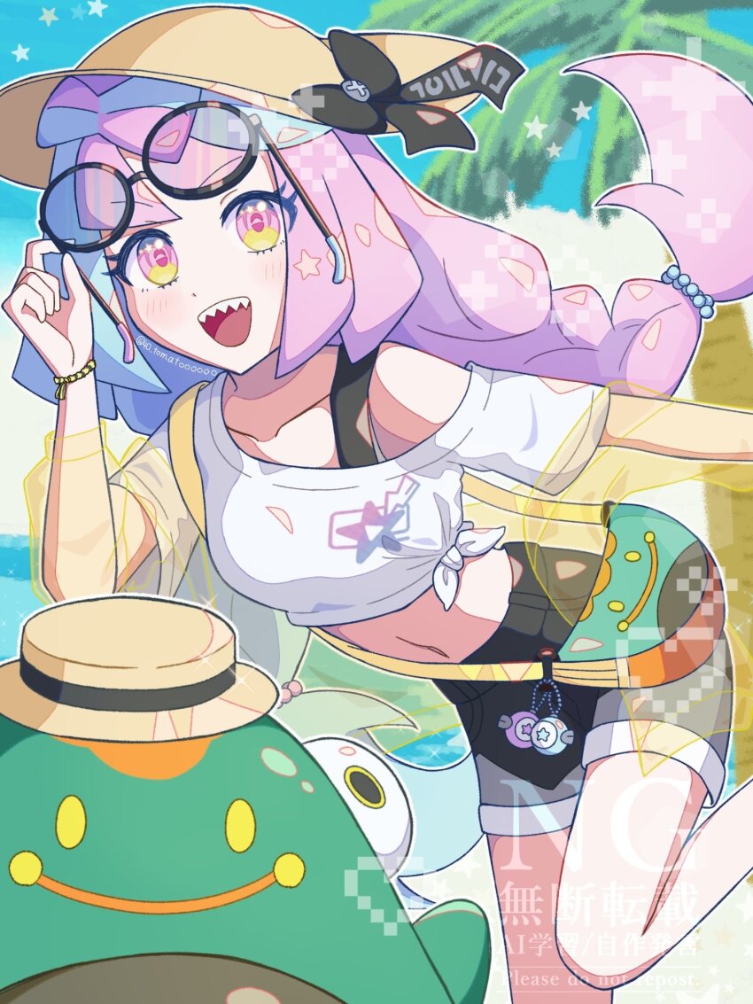 1girl, 40_tomato, :d, alternate_costume, bag, beach, bellibolt, black_bow, black_shorts, blue_hair, blush, bow, bow-shaped_hair, brown_hat, eyelashes, glasses, hat, hat_bow, highres, holding, holding_removed_eyewear, iono_(pokemon), leg_up, long_hair, looking_at_viewer, midriff, multicolored_hair, navel, nintendo, open_mouth, palm_tree, pink_eyes, pink_hair, pokemon, pokemon_(creature), pokemon_scarlet_and_violet, sharp_teeth, shirt, short_sleeves, shorts, shoulder_bag, smile, standing, standing_on_one_leg, sun_hat, teeth, tied_shirt, tree, twintails, twitter_username, two-tone_hair, unworn_eyewear, upper_teeth_only, very_long_hair, white_shirt