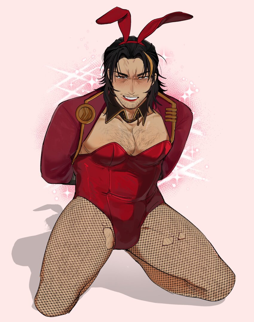 1boy, animal_ear_hairband, animal_ears, arms_behind_back, beard_stubble, black_hair, blush, brown_eyes, bulge, chest_hair, collar, commentary, covered_erect_nipples, curly_hair, facial_hair, fake_animal_ears, fishnet_leggings, full_body, gold_trim, grin, hairband, highres, hiu_bucin, jacket, leg_hair, lei_heng_(project_moon), leotard, limbus_company, lipstick, looking_at_viewer, makeup, male_focus, male_playboy_bunny, narrowed_eyes, pantyhose, pectoral_cleavage, pectorals, pink_background, project_moon, rabbit_ear_hairband, rabbit_ears, red_jacket, red_leotard, seiza, shadow, single_hair_streak, sitting, smeared_lipstick, smile, solo, stubble, untranslatable_commentary, torn_clothes, torn_pantyhose, wolf_cut