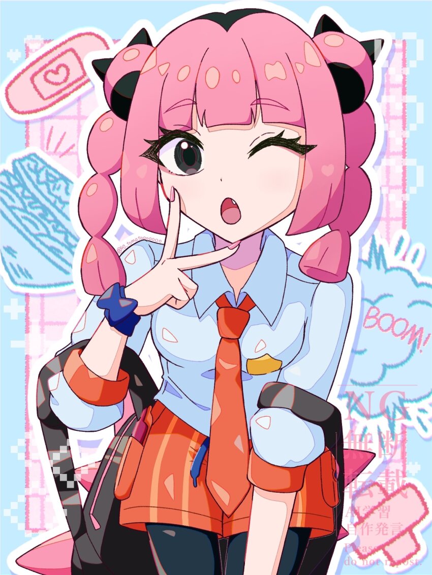 1girl, 40_tomato, ;o, bag, black_bag, black_eyes, black_hair, black_pantyhose, collared_shirt, coral_(pokemon), fang, highres, looking_at_viewer, multicolored_hair, naranja_academy_school_uniform, necktie, nintendo, one_eye_closed, open_mouth, orange_necktie, orange_shorts, pantyhose, pink_hair, pink_nails, pokemon, pokemon_(anime), pokemon_horizons, school_uniform, shirt, shorts, solo, two-tone_hair, v, white_shirt