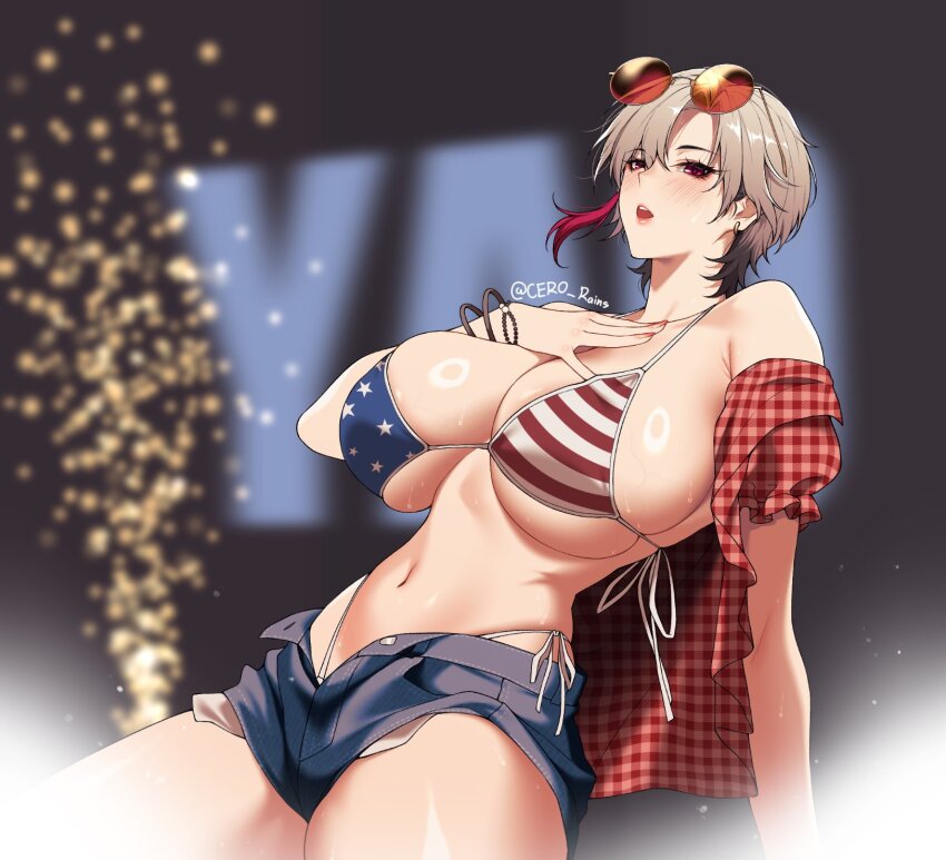 1girl, alternate_costume, american_flag, american_flag_bikini, american_flag_print, belt, bikini, black_choker