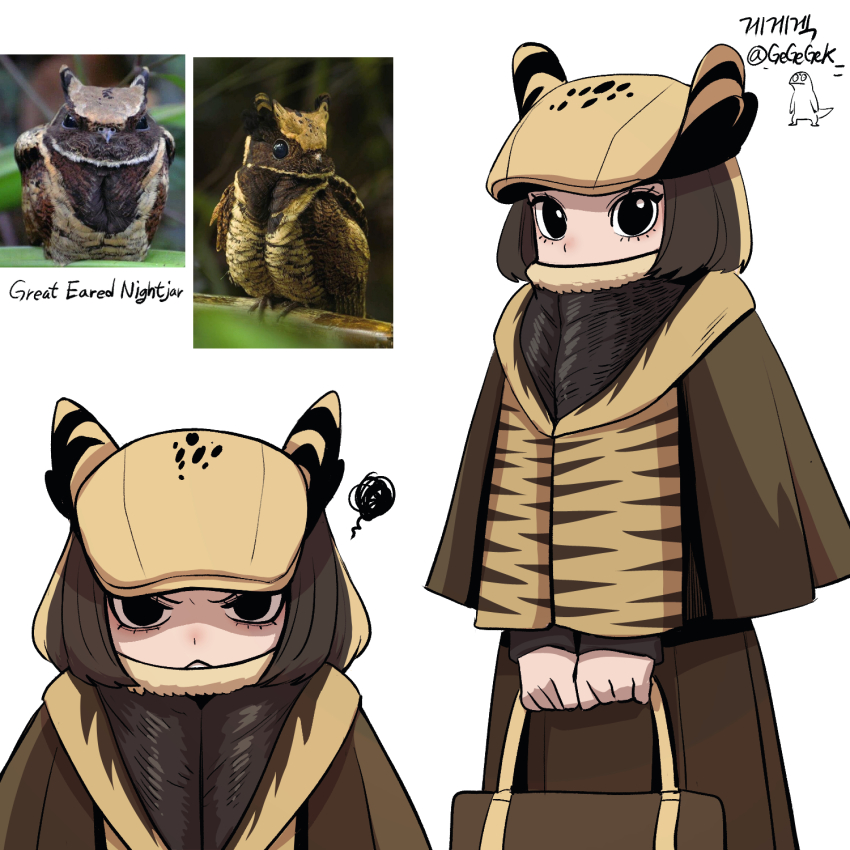 1girl, :<, angry, annoyed, artist_name, bag, bird, bird_girl, black_eyes, bob_cut, brown_bag, brown_capelet, brown_hair, brown_hat, brown_scarf, brown_skirt, capelet, cowboy_shot, creature_and_personification, english_text, eyelashes, furrowed_brow, gegegekman, hat, hat_flaps, highres, holding, holding_bag, korean_text, looking_at_viewer, looking_to_the_side, multiple_views, newsboy_cap, original, own_hands_together, personification, photo-referenced, reference_inset, reference_photo, scarf, scarf_over_mouth, short_hair, signature, simple_background, skirt, solo_focus, spoken_squiggle, squiggle, standing, straight-on, striped_clothes, striped_scarf, v-shaped_eyebrows, v-shaped_eyes, white_background