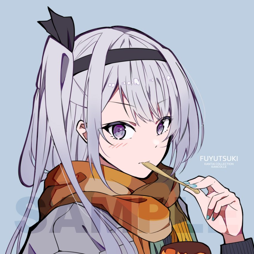 1girl, closed_mouth, coat, fuyutsuki_(kancolle), fuyutsuki_(sasebo)_(kancolle), grey_background, grey_coat, grey_hair