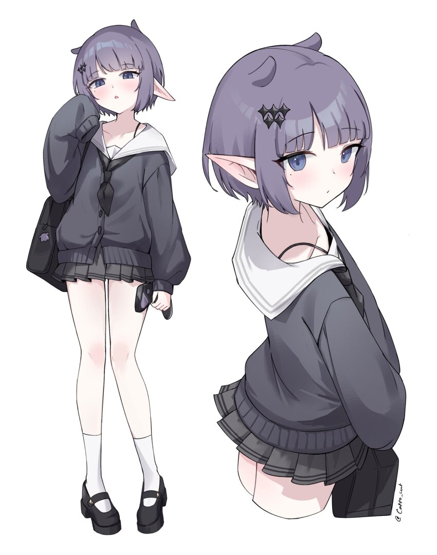 1girl, bag, black_cardigan, blue_eyes, cardigan, cattocut, character_charm, charm_(object)