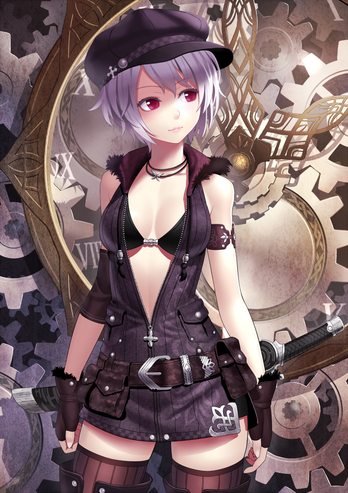 1girl, bare_shoulders, belt, bra, breasts, cleavage, female_focus, fingerless_gloves