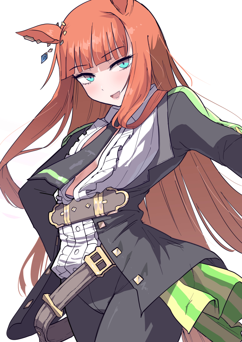 1girl, animal_ears, belt, black_jacket, brown_belt, commentary_request, cosplay, flat_chest