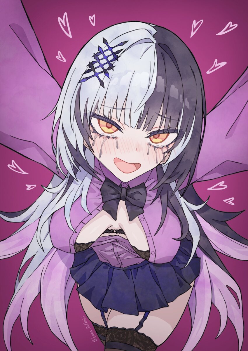 1girl, absurdres, black_bow, black_bowtie, black_bra, black_hair, black_thighhighs, blue_skirt