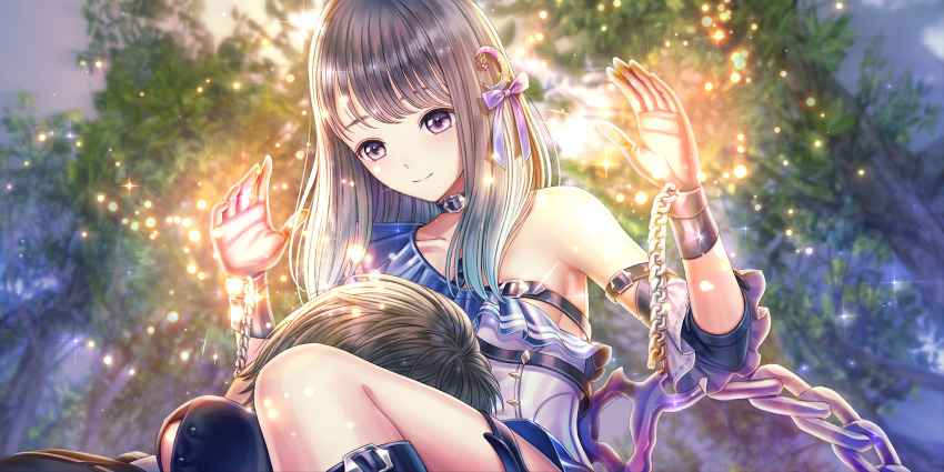 1boy, 1girl, belt, belt_collar, black_belt, black_gloves, blue_dress, blue_reflection_(series)