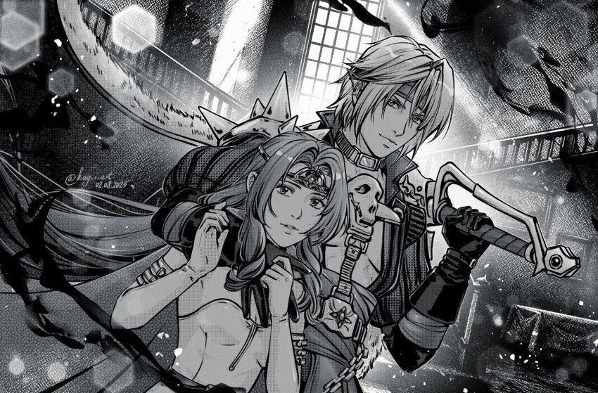 1boy, 1girl, aerith_gainsborough, aerith_gainsborough_(supreme_sage_garb), arm_around_neck, armor, black_gloves, black_jacket