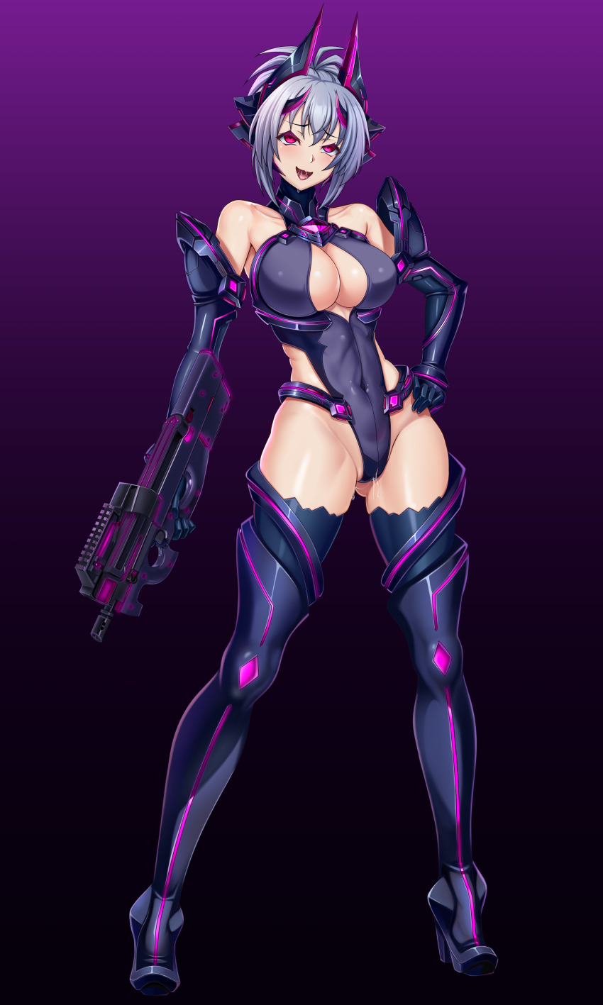 1girl, absurdres, alternate_breast_size, aoi_tabane, bare_shoulders, boots, breasts, bullpup