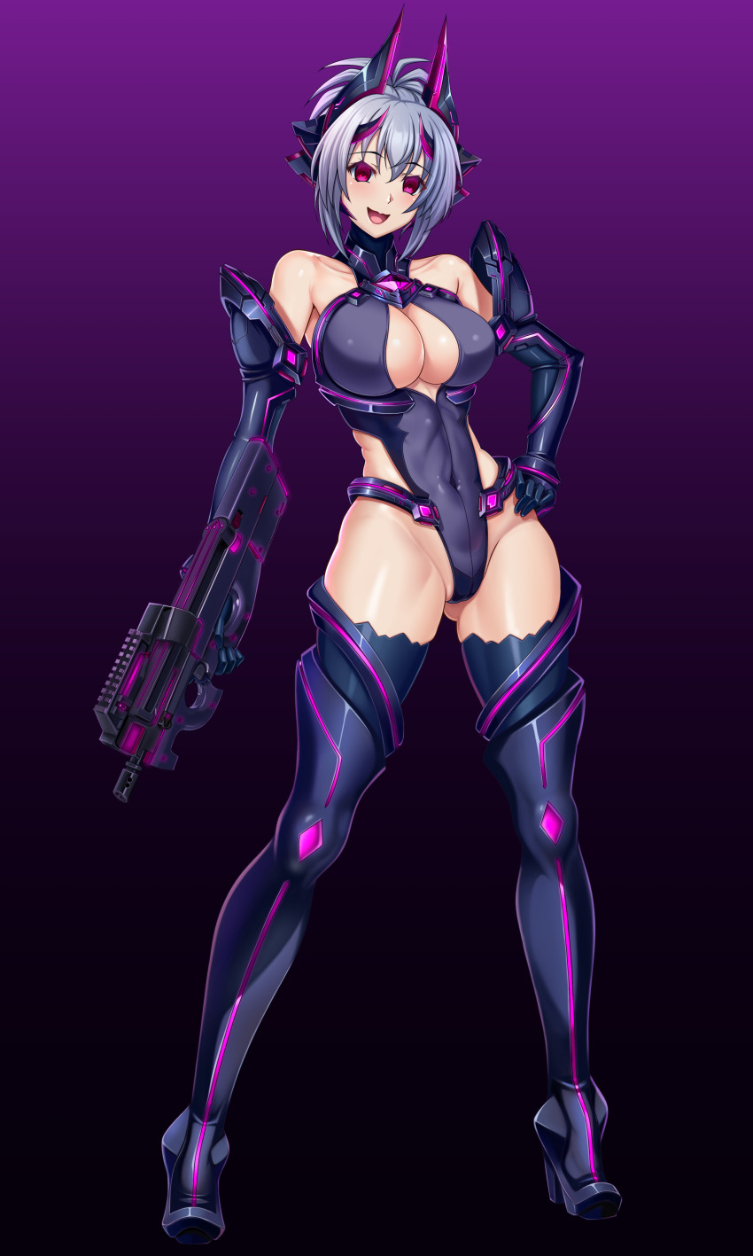 1girl, absurdres, alternate_breast_size, aoi_tabane, bare_shoulders, boots, breasts, bullpup