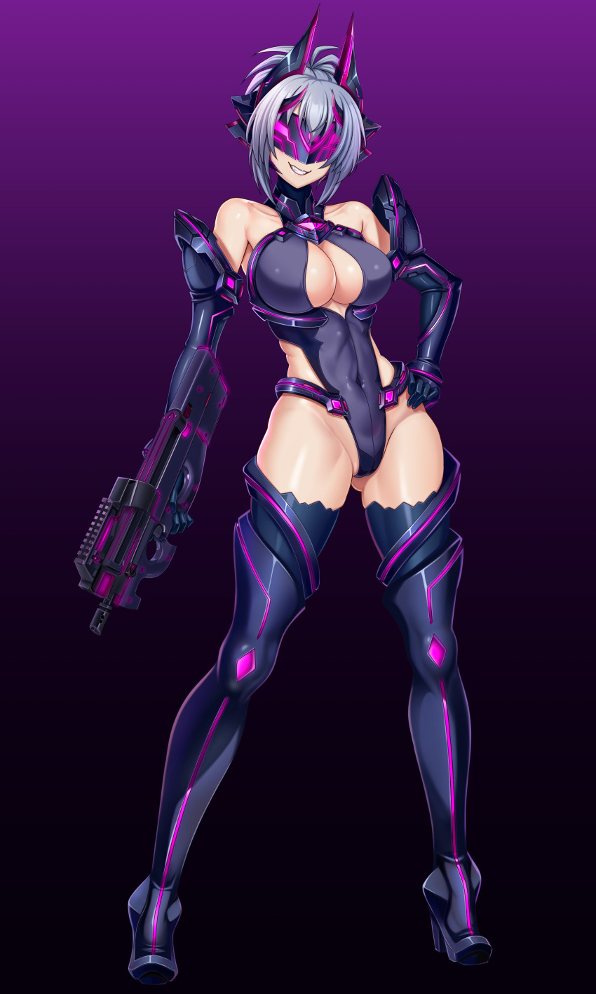 1girl, absurdres, alternate_breast_size, aoi_tabane, bare_shoulders, blindfold_mask, boots, breasts