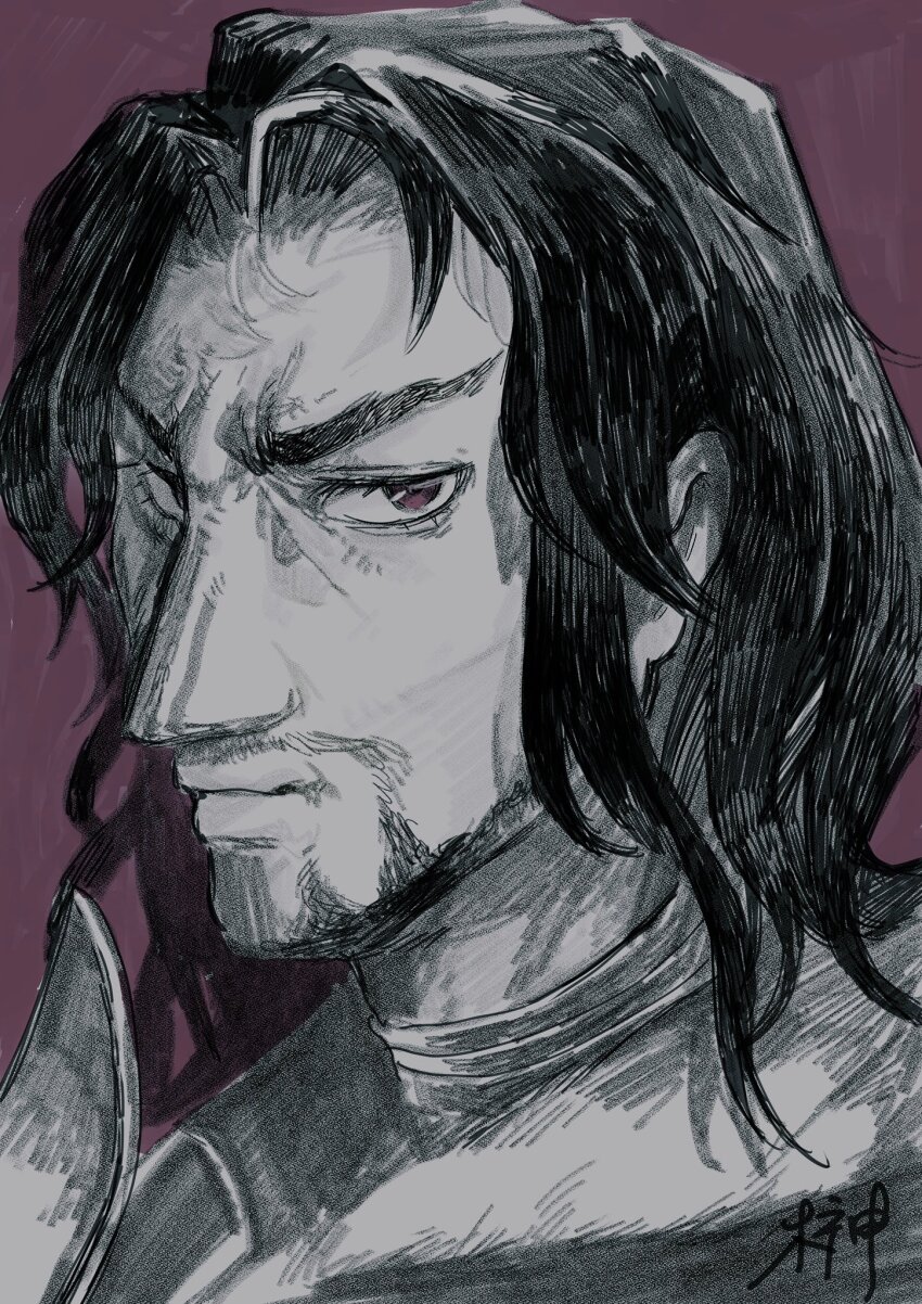 1boy, bad_id, bad_twitter_id, beard, black_hair, black_king_(grimms_notes), closed_mouth, facial_hair