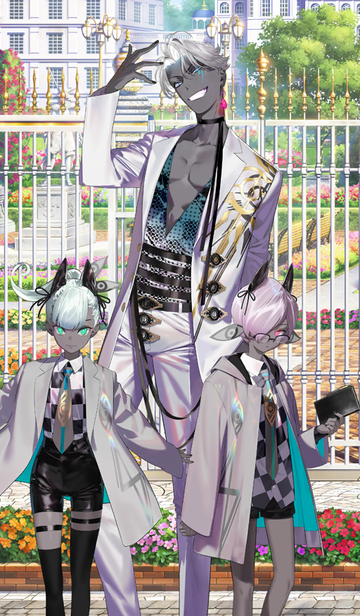 1girl, 2boys, age_difference, arm_at_side, belt, black_belt, black_choker, black_nails, black_shorts, boy_vajra_(celebratory_attire)_(fate), boy_vajra_(fate), bright_pupils, choker, closed_mouth, colored_skin, commentary_request, earrings, expressionless, facial_mark, fate/grand_order, fate_(series), feet_out_of_frame, fingernails, formal_clothes, game_cg, girl_vajra_(celebratory_attire)_(fate), girl_vajra_(fate), glasses, green_eyes, green_hair, grey_jacket, grey_skin, grin, hair_over_one_eye, hand_up, head_tilt, height_difference, holding, horns, indra_(celebratory_attire)_(fate), indra_(fate), jacket, jewelry, lightning_bolt_facial_mark, lightning_bolt_symbol, long_sleeves, looking_at_viewer, male_focus, multiple_boys, necktie, official_art, outdoors, pako_(pakosun), pants, pectorals, pink_eyes, pink_hair, plunging_neckline, ponytail, short_hair, shorts, sleeves_past_wrists, smile, solo_focus, standing, suit_jacket, teeth, third-party_source, white_hair, white_jacket, white_pants, white_pupils