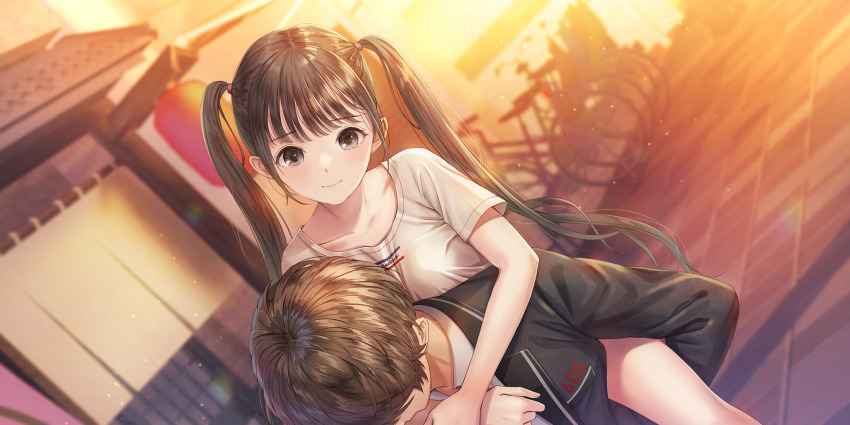 1boy, 1girl, azumi_nanaka, bicycle, black_hair, black_jacket, blazer, blue_reflection_(series)