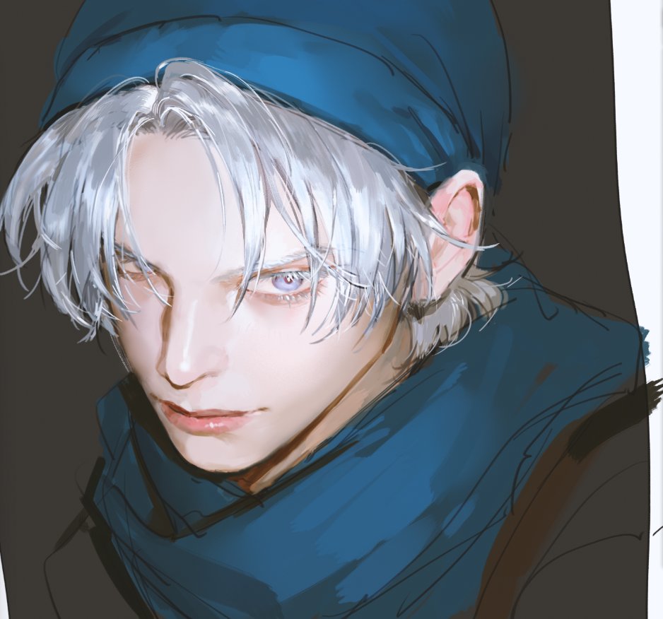 1boy, blue_eyes, blue_hat, blue_tunic, border, dragon_quest, dragon_quest_vi, from_above, grey_background, hat, hdw91v, looking_to_the_side, male_focus, pale_skin, parted_bangs, portrait, short_hair, solo, terry_(dq6), tunic, white_border, white_hair