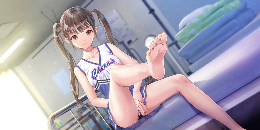 1girl, azumi_nanaka, barefoot, black_hair, blue_reflection_(series), blue_reflection_sun, blue_skirt, breasts