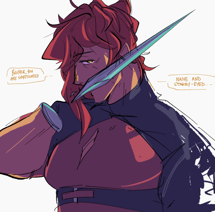 1boy, dark-skinned_male, dark_skin, drawfee, karina_farek, male_focus, amputee, pectorals, rory_(drawfee), shirt, sketch, solo, speech_bubble