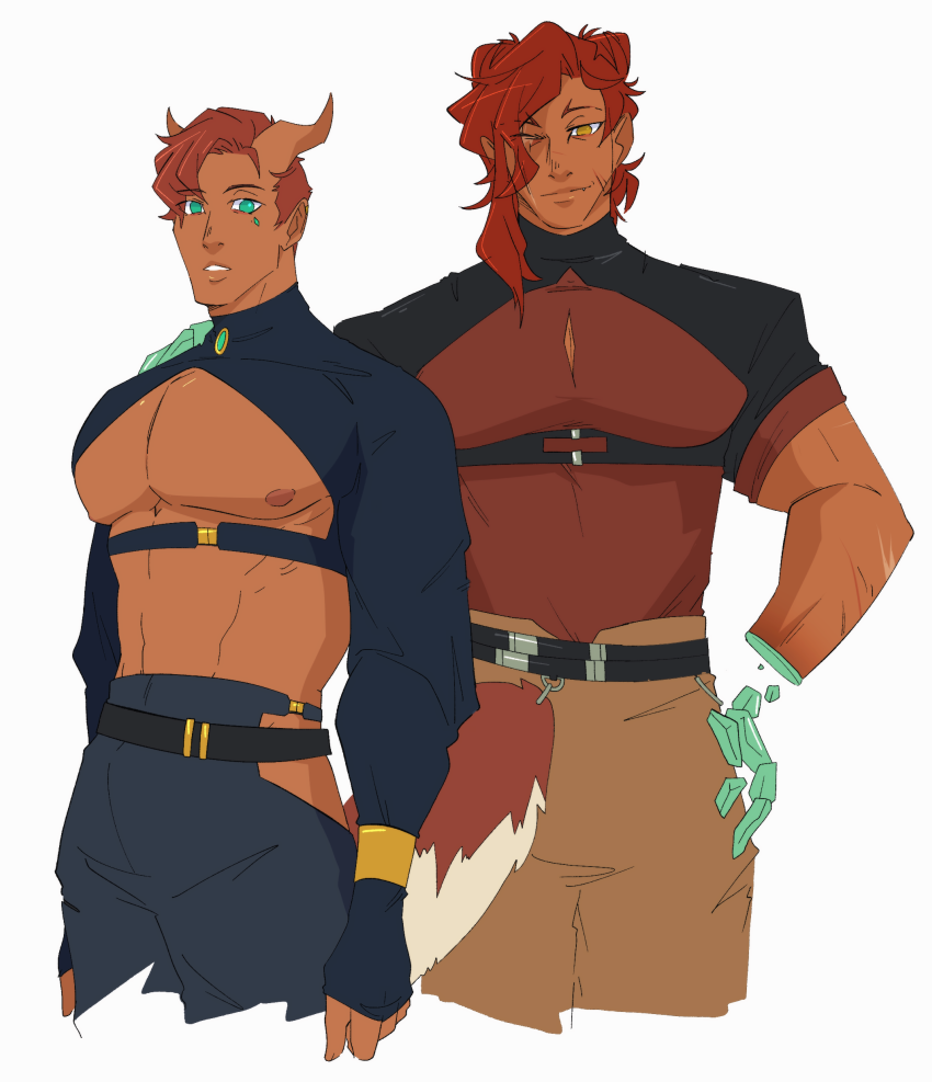 brothers, dark-skinned_male, dark_skin, demon_boy, demon_horns, drawfee, green_eyes, horns, karina_farek, lips, luce_(drawfee), male_focus, parted_lips, rory_(drawfee), short_hair, siblings, very_short_hair