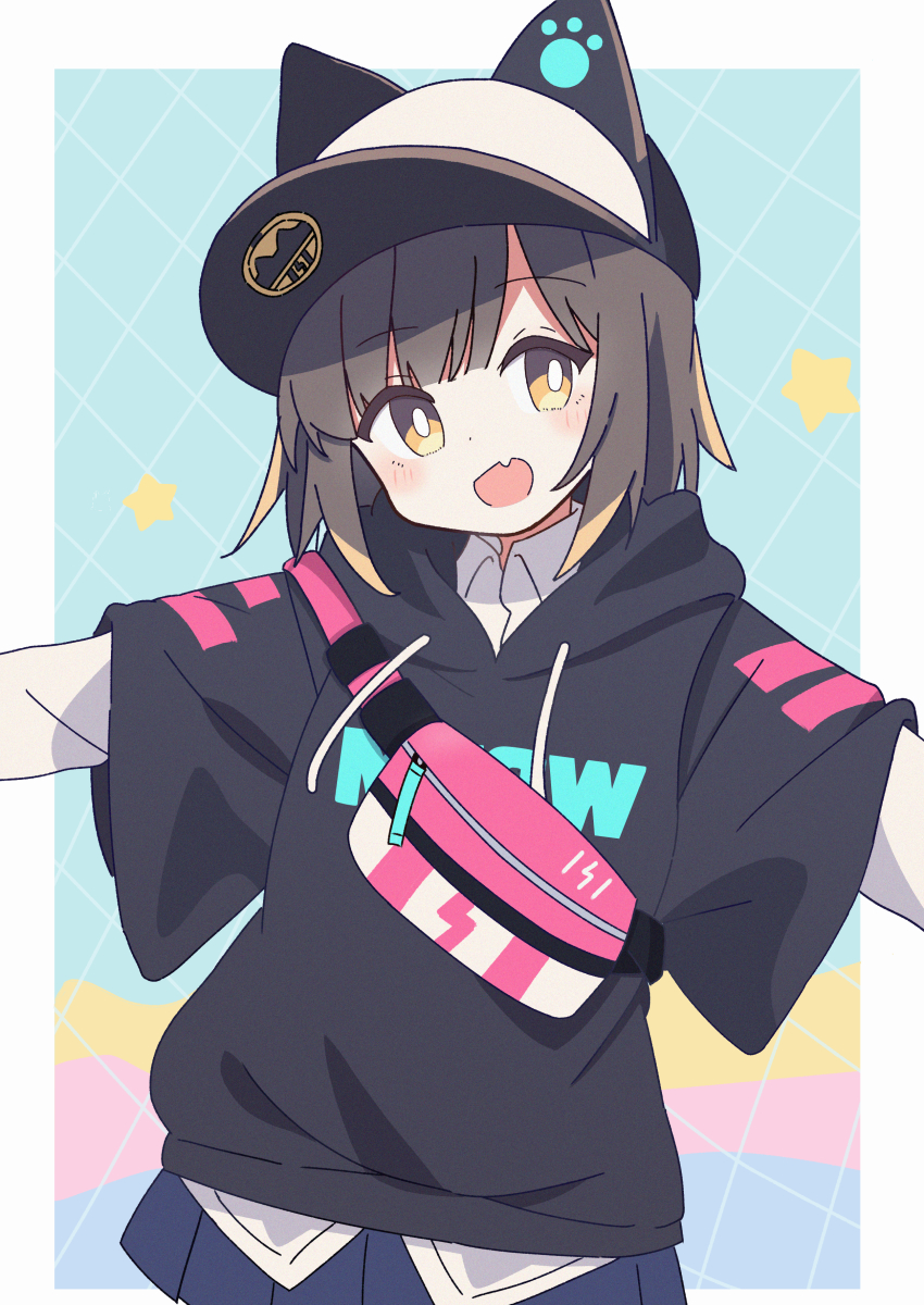 :d, absurdres, animal_ears, animal_hat, arms_up, bag, baseball_cap, black201_wav