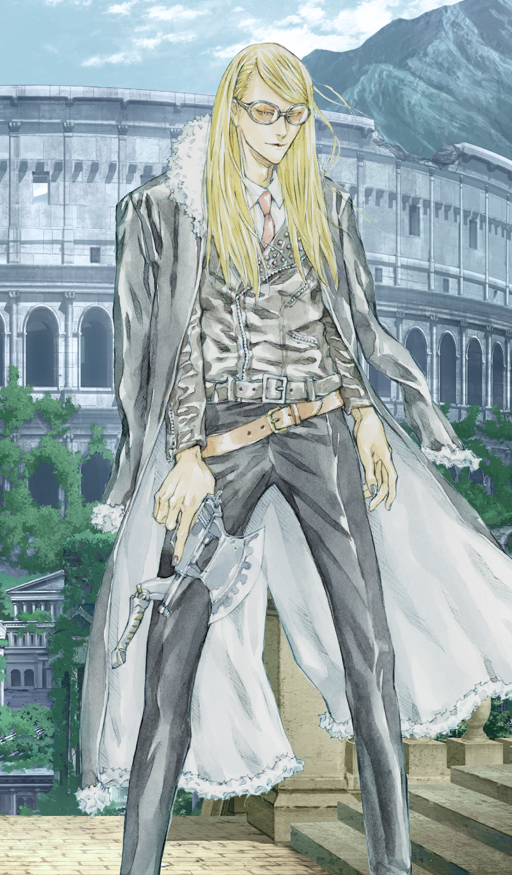 1boy, arms_at_sides, belt, black_coat, black_jacket, black_pants, blonde_hair, brown_belt