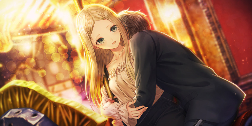 1boy, 1girl, bare_shoulders, black_jacket, black_pants, blonde_hair, blue_reflection_(series), blue_reflection_sun