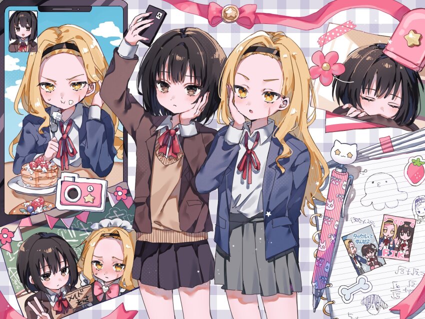 2girls, aged_up, black_hair, black_hairband, black_skirt, blazer, blonde_hair, blue_jacket