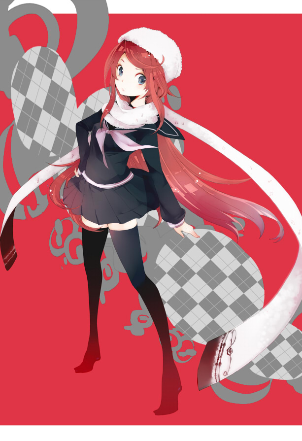 10s, 1girl, ban_airi, bati15, beanie, blue_eyes, devil_survivor_(series), devil_survivor_2, female_focus, full_body, hat, long_hair, musical_note, pleated_skirt, red_hair, scarf, school_uniform, serafuku, skirt, solo, thighhighs, very_long_hair, zettai_ryouiki