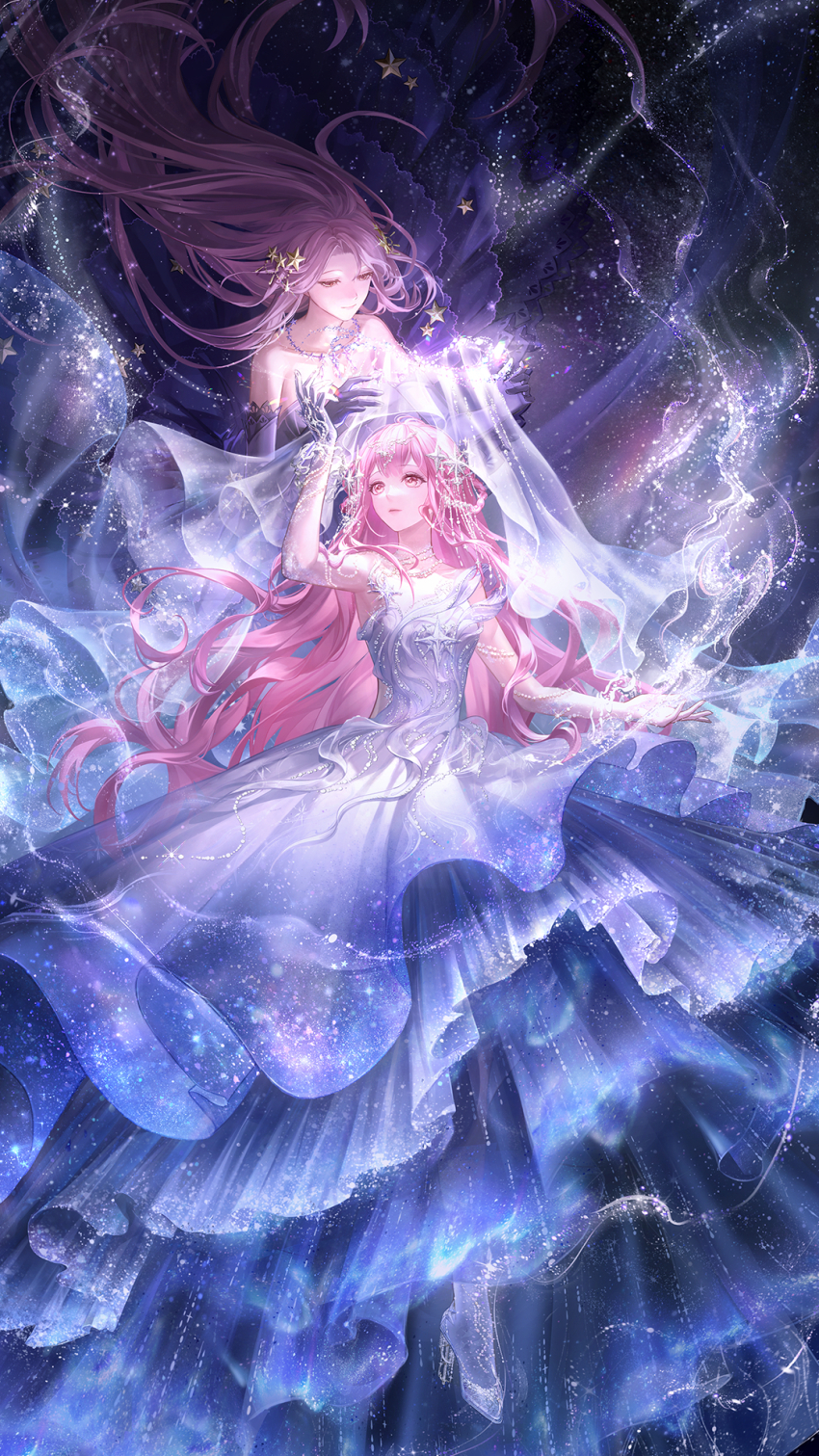 2girls, artist_request, bare_shoulders, blue_pantyhose, bracelet, brown_eyes, by_stars_be_sworn_(shining_nikki), closed_eyes