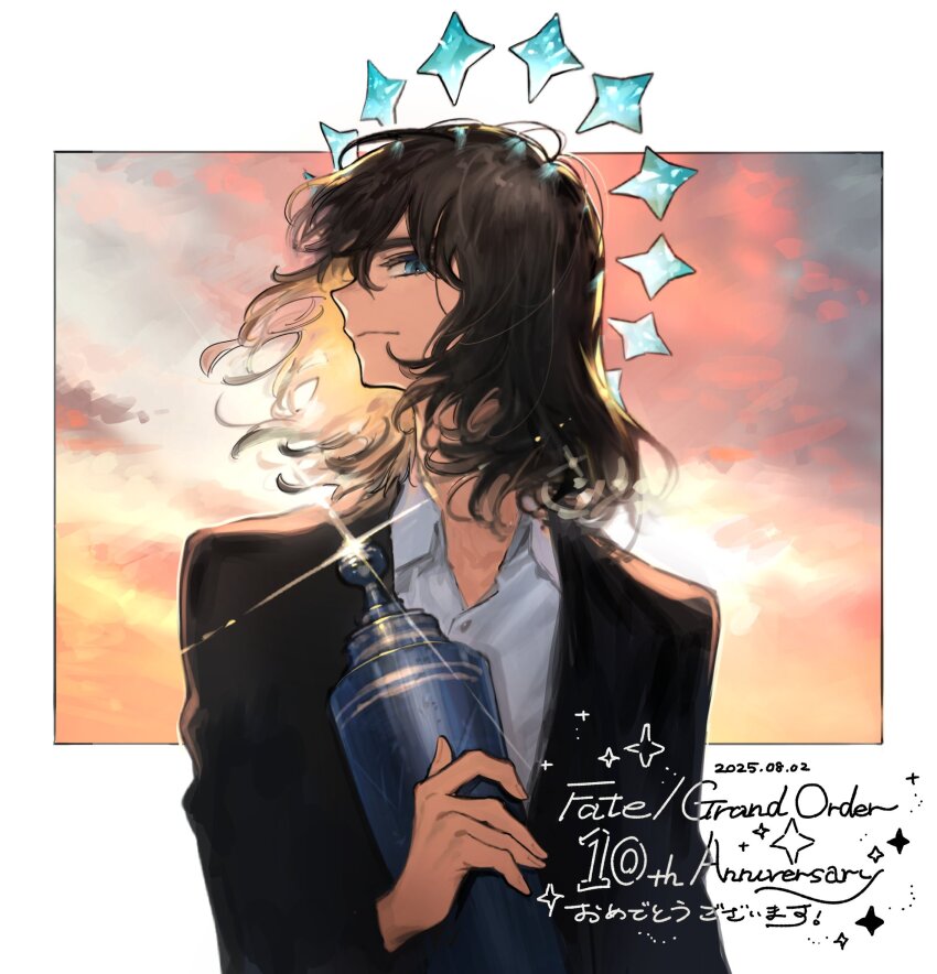 1boy, anniversary, black_hair, black_jacket, blue_crown, blue_eyes, collared_shirt, crown