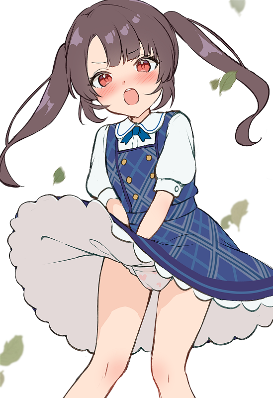 1girl, blue_dress, blue_ribbon, blush, brcl7777, brown_hair, clothes_lift, commentary_request, diaper, diaper_peek, diaper_under_clothes, dress, dress_lift, embarrassed, falling_leaves, feet_out_of_frame, heart, heart_print, leaf, loli, long_hair, looking_at_viewer, neck_ribbon, open_mouth, original, pinafore_dress, print_diaper, red_eyes, ribbon, shirt, sidelocks, sleeveless, sleeveless_dress, solo, standing, twintails, v-shaped_eyebrows, white_shirt, wind, wind_lift