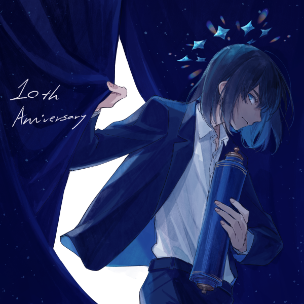 001e43_ee7800, 1boy, anniversary, black_hair, black_jacket, blue_crown, blue_eyes, crown