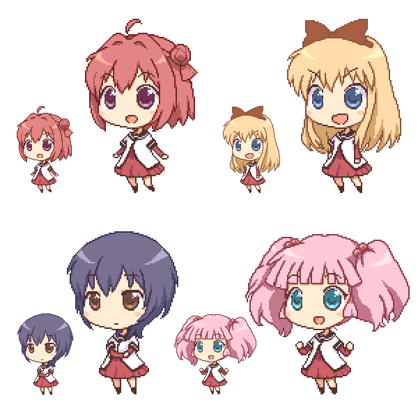 4girls, ahoge, akaza_akari, animated, animated_png, blonde_hair, blue_eyes, bow